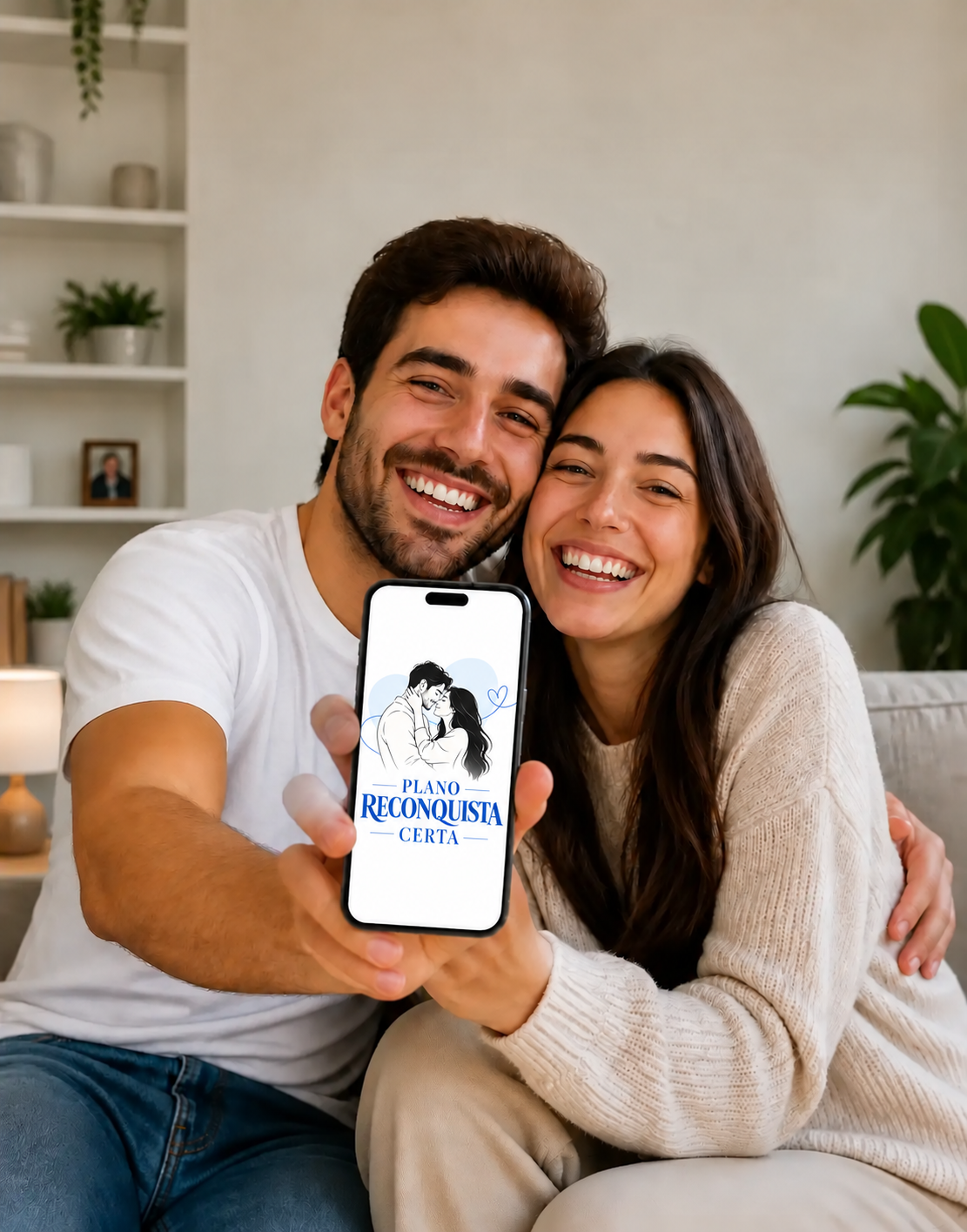 Casal vendo a capa do Plano Reconquista Certa no celular